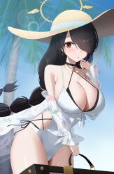 Rule 34 | 1girl, absurdres, bag, bikini, black bikini, black hair, blue archive, blush, braid, braided ponytail, breasts, choker, cleavage, collarbone, commentary request, criss-cross halter, cross, cross earrings, earrings, hair over one eye, halo, halterneck, hat, highres, hinata (blue archive), hinata (swimsuit) (blue archive), holding, holding bag, jewelry, large breasts, long hair, official alternate costume, one-piece swimsuit, one eye covered, palm tree, red eyes, rk (cc15915r), solo, sun hat, swimsuit, thighs, tree, very long hair, white one-piece swimsuit, white swimcap, yellow halo