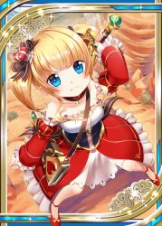 Rule 34 | 1girl, age regression, aged down, akkijin, bare shoulders, blonde hair, blue eyes, brown ribbon, card (medium), crown, dress, hair ornament, hair ribbon, holding, holding sword, holding weapon, looking at viewer, looking up, official art, red dress, red footwear, ribbon, serious, shinkai no valkyrie, shoes, short hair, striped ribbon, sword, twintails, weapon, weapon bag