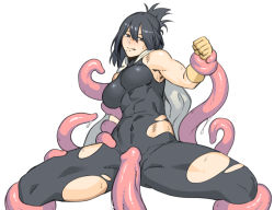 Rule 34 | 1girl, black hair, bodysuit, boku no hero academia, bound, bound legs, bound wrists, breasts, commentary request, covered navel, dyun, feet out of frame, gloves, hair between eyes, large breasts, mole, mole under mouth, penis tentacle, shimura nana, simple background, solo, spread legs, sweat, tentacles, toned, torn clothes, white background