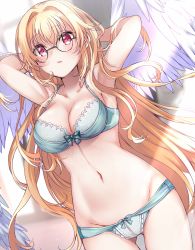 Rule 34 | 1girl, angel wings, armpits, arms behind head, arms up, bare arms, bare shoulders, blonde hair, blue bra, blue panties, bra, breasts, cleavage, collarbone, cowboy shot, dutch angle, feathered wings, glasses, gluteal fold, groin, highres, large breasts, long hair, looking at viewer, mashiro aa, navel, original, panties, parted lips, red eyes, round eyewear, sidelocks, solo, spaghetti strap, standing, stomach, thighs, underwear, underwear only, very long hair, wings