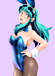 Rule 34 | 1girl, absurdres, animal ears, aqua hair, arched back, black hair, blue leotard, bow, bowtie, commentary request, cone horns, detached collar, fang, grey background, grey pantyhose, hand on own hip, highres, horns, leotard, long hair, looking at viewer, lum, multicolored hair, nanao futaba, orange eyes, pantyhose, playboy bunny, pointy ears, rabbit ears, rabbit tail, simple background, smile, solo, strapless, strapless leotard, tail, two-tone hair, urusei yatsura, wrist cuffs