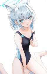 Rule 34 | 1girl, absurdres, animal ears, bare legs, bare shoulders, barefoot, blue archive, blue eyes, competition swimsuit, cpk prd, grey hair, heterochromia, highres, looking at viewer, official alternate costume, one-piece swimsuit, shiroko (blue archive), shiroko (swimsuit) (blue archive), simple background, solo, swimsuit, thighs, white background, wolf ears