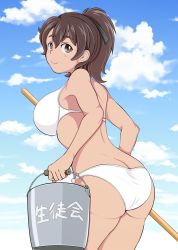 Rule 34 | 1girl, ass, back, bikini, black ribbon, blue sky, breasts, broom, brown eyes, brown hair, bucket, butt crack, closed mouth, cloud, cloudy sky, commentary, cowboy shot, day, dimples of venus, from behind, girls und panzer, hair ribbon, halterneck, holding, holding broom, holding bucket, koyama yuzu, large breasts, looking at viewer, looking back, medium hair, outdoors, ponytail, ribbon, sky, smile, solo, standing, swimsuit, tanaka rikimaru, white bikini