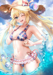 Rule 34 | 1girl, artoria caster (fate), artoria pendragon (fate), bare shoulders, bikini, blonde hair, blue bikini, blue sky, blush, breasts, collarbone, fate/grand order, fate (series), green eyes, hat, highres, long hair, looking at viewer, medium breasts, navel, nepodayo, ocean, one eye closed, open mouth, sky, smile, solo, straw hat, swimsuit, thighs, twintails, wading