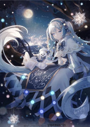 Rule 34 | 1girl, 1other, aono 99, bass clef, beret, blue bow, blue eyes, blue gloves, blue hair, blue tabard, blush, book, bow, branch, capelet, christmas lights, constellation, crypton future media, dress, fortissimo, full moon, fur-trimmed capelet, fur trim, gloves, gold trim, hair bow, hair ornament, hairclip, hat, hatsune miku, highres, in tree, leo (constellation), light blue hair, long hair, looking at viewer, moon, musical note, musical note hair ornament, night, night sky, open book, rabbit, rabbit yukine, signature, sitting, sitting in tree, sky, small stellated dodecahedron, smile, snowflake print, star (symbol), star ornament, tabard, treble clef, tree, twintails, very long hair, vocaloid, white capelet, white dress, white headwear, yuki miku, yuki miku (2021)