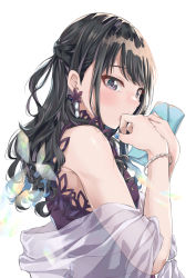 Rule 34 | 1girl, bag, bare shoulders, black hair, blue nails, blush, bracelet, braid, commentary request, covering own mouth, dress, earrings, fingernails, flower earrings, from side, fukuyama satoshi, half updo, hand over own mouth, handbag, hands up, highres, holding, holding bag, idolmaster, idolmaster shiny colors, jewelry, kazano hiori, long hair, looking away, mole, mole under mouth, nail polish, purple dress, purple eyes, see-through clothes, shawl, sidelocks, simple background, sleeveless, sleeveless dress, solo, upper body, wavy hair, white background