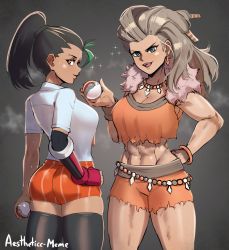 Rule 34 | 2girls, abs, absurdres, aestheticc-meme, aqua eyes, artist name, ass, bare arms, bead bracelet, beads, black hair, black thighhighs, bracelet, breasts, cleavage, cowboy shot, creatures (company), crop top, crop top overhang, cutoffs, dark-skinned female, dark skin, earrings, elbow gloves, fangs, fingerless gloves, from behind, fur collar, game freak, gloves, green hair, grey background, grey hair, hand on own hip, hand up, high ponytail, highres, holding, holding poke ball, jewelry, large breasts, long hair, looking at viewer, mature female, medium breasts, multicolored hair, multiple girls, muscular, muscular female, navel, nemona (pokemon), nintendo, non-web source, open mouth, orange hair, orange shirt, poke ball, pokemon, pokemon sv, ponytail, sada (pokemon), shirt, short shorts, shorts, signature, simple background, single glove, skindentation, steaming body, streaked hair, striped clothes, striped shorts, sweatband, thighhighs, thighs, vertical stripes, white shirt