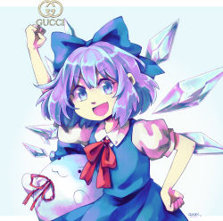 Rule 34 | 1girl, :3, :d, arm up, blue background, blue bow, blue dress, blue eyes, blue hair, bow, cirno, clenched hands, collared shirt, commentary, cowboy shot, dress, english commentary, fang, gucci, hair bow, hand on own hip, ice, ice wings, looking at viewer, open mouth, puffy short sleeves, puffy sleeves, qixzy, red neckwear, shirt, short hair, short sleeves, signature, simple background, skin fang, smile, standing, sukusuku hakutaku, touhou, v-shaped eyebrows, white shirt, wings