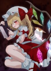 Rule 34 | 1girl, ascot, blonde hair, book, crystal, fang, flandre scarlet, frilled skirt, frilled wrist cuffs, frills, hat, highres, holding, holding book, mikan (manmarumikan), mob cap, multicolored wings, one side up, red eyes, red footwear, red nails, red skirt, ribbon, skirt, skirt set, touhou, wings, wrist cuffs