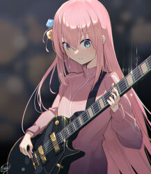 Rule 34 | 1girl, blue eyes, bocchi the rock!, electric guitar, gotoh hitori, guitar, hair between eyes, hair bobbles, hair ornament, highres, instrument, jacket, long hair, looking down, music, one side up, pink hair, playing instrument, rafrog, signature, solo, sweat, track jacket, upper body, very long hair