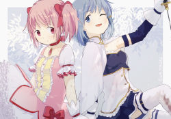 Rule 34 | 2girls, blue eyes, blue hair, blue skirt, bubble skirt, cape, choker, closed mouth, commentary request, gloves, highres, kaname madoka, kaname madoka (magical girl), magical girl, mahou shoujo madoka magica, mahou shoujo madoka magica (anime), miki sayaka, miki sayaka (magical girl), multiple girls, one eye closed, open mouth, puffy short sleeves, puffy sleeves, red choker, red ribbon, ribbon, ribbon choker, short sleeves, skirt, smile, un nm5sy, white cape, white gloves