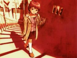 Rule 34 | 1990s (style), 1girl, abe yoshitoshi, brown eyes, brown hair, highres, iwakura lain, jacket, kneehighs, official art, outdoors, retro artstyle, serial experiments lain, skirt, socks, solo, stairs, walking