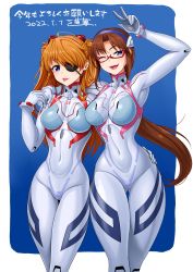 Rule 34 | 2girls, arm around shoulder, arm around waist, blue eyes, blue hairband, breasts, brown hair, covered navel, curvy, dated, evangelion: 3.0+1.0 thrice upon a time, eyepatch, hair behind ear, hair ornament, hairband, highres, interface headset, large breasts, long hair, looking at viewer, low ponytail, makinami mari illustrious, medium breasts, michi kuso, multiple girls, neon genesis evangelion, one eye closed, one eye covered, orange hair, parted bangs, pilot suit, plugsuit, rebuild of evangelion, shiny clothes, skin tight, smile, souryuu asuka langley, tongue, tongue out, translation request, two side up, very long hair, wide hips