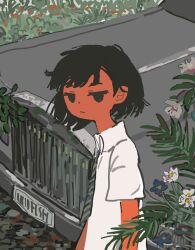 Rule 34 | 1boy, :/, absurdres, akziqi, arms at sides, black eyes, black hair, blue flower, branch, car, closed mouth, collared shirt, colored skin, commentary, expressionless, flower, foliage, from side, highres, jitome, looking at viewer, looking to the side, male focus, motor vehicle, necktie, orange skin, original, shirt, short hair, short sleeves, solo, upper body, white flower