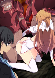 Rule 34 | 1girl, 3boys, animankan, arm grab, arm held back, armor, ass, asuna (sao), boots, braid, breasts, brown hair, censored, clothed sex, crown braid, cum, cum in pussy, doggystyle, ejaculation, empty eyes, faceless, faceless male, facing away, fellatio, grin, hair ornament, hand on another&#039;s head, hetero, highres, internal cumshot, kirito, long hair, mosaic censoring, multiple boys, navel, netorare, nipples, oral, cum overflow, penis, pussy, rape, sex, sex from behind, shiny skin, smile, spitroast, sword, sword art online, thigh boots, thighhighs, vaginal, weapon, white footwear, x-ray