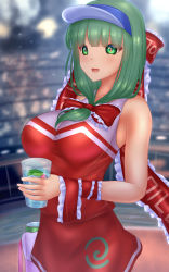 Rule 34 | 1girl, :d, alternate costume, arm ribbon, blue hat, blunt bangs, blurry, blurry background, bow, breasts, cheerleader, cowboy shot, cup, frilled bow, frilled ribbon, frills, green eyes, green hair, hair bow, hair ribbon, hat, highres, holding, holding cup, kagiyama hina, kawashiro nitori, large breasts, medium hair, open mouth, red bow, red ribbon, red skirt, red tank top, ribbon, shounen (hogehoge), skirt, sleeveless, smile, solo, standing, tank top, touhou, touhou lostword, visor cap