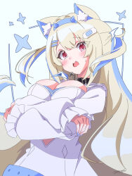 Rule 34 | 1girl, animal ear fluff, animal ears, bandaid, bandaid hair ornament, belt collar, black collar, blonde hair, blue hair, blush, breasts, cleavage, cleavage cutout, clothing cutout, collar, crossed arms, dog ears, dog girl, dress, fang, fuwawa abyssgard, fuwawa abyssgard (1st costume), hair ornament, hairpin, highres, hinata hirune, hololive, hololive english, large breasts, long hair, looking at viewer, multicolored hair, open mouth, pink eyes, sidelocks, skin fang, smile, solo, streaked hair, two side up, virtual youtuber, white dress
