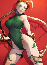 Rule 34 | 1girl, amg (nwmnmllf), bare shoulders, blonde hair, braid, breasts, cammy white, covered erect nipples, covered navel, cowboy shot, facial scar, fingerless gloves, gloves, gluteal fold, green eyes, green leotard, hat, large breasts, legs apart, leotard, lips, long hair, looking at viewer, orange gloves, parted lips, red background, red hat, scar, scar on cheek, scar on face, solo, standing, street fighter, street fighter ii (series), twin braids, very long hair