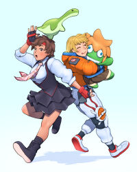 Rule 34 | 2girls, :o, ^ ^, apex legends, black footwear, black skirt, black vest, blanka-chan, blonde hair, bodysuit, boots, brown eyes, brown hair, cable, closed eyes, collared shirt, commentary, commission, crossover, english commentary, full body, headband, holding, holding stuffed toy, hood, hood down, hooded jacket, hugging object, jacket, kasugano sakura, lightning bolt symbol, multiple girls, necktie, nessie (respawn), open mouth, pink necktie, quasimodox, red headband, shadow, shirt, shoes, skirt, smile, sneakers, street fighter, stuffed toy, tongue, tongue out, vest, wattson (apex legends), white bodysuit, white footwear, white shirt