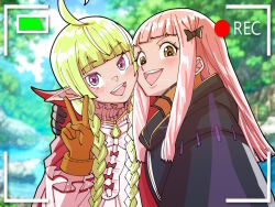 Rule 34 | 2girls, :d, ahoge, battery indicator, black bow, black gloves, blunt bangs, blurry, blurry background, bow, braid, brown eyes, cheek-to-cheek, cheek press, commentary, english commentary, fire emblem, fire emblem awakening, gloves, hair bow, hand up, heads together, light green hair, long hair, mnejing30, multiple girls, nah (fire emblem), nintendo, open mouth, orange gloves, pink hair, pointy ears, purple eyes, recording, robin (female) (fire emblem), robin (fire emblem), smile, teeth, twin braids, upper teeth only, v