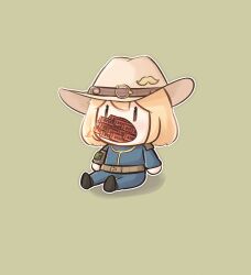 Rule 34 | 1girl, blonde hair, chibi, commentary, cowboy hat, crossover, dynamite, english commentary, explosive, facial hair, fallout (series), fallout new vegas, fire, fire, gentlemen (meme), green background, hat, highres, hololive, hololive english, lit fuse, meme, moon ldl, mustache, parody, pip boy, short hair, simple background, sitting, solo, vault suit, virtual youtuber, watson amelia