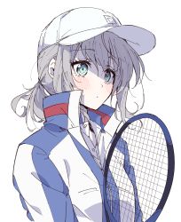 Rule 34 | 1girl, absurdres, alternate costume, alternate hairstyle, arms at sides, blue eyes, blue jacket, blush, chili-tomato (gekikaraya), collared shirt, commentary request, dress shirt, fate (series), gray (fate), hat, highres, jacket, looking at viewer, lord el-melloi ii case files, multicolored clothes, multicolored jacket, ponytail, racket, shirt, short hair, simple background, sketch, solo, sportswear, tennis racket, tennis uniform, two-tone jacket, upper body, white background, white hat, white jacket