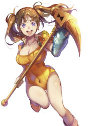 Rule 34 | 10s, 1girl, :d, bad id, bad pixiv id, boots, breasts, brown hair, cleavage, collarbone, covered navel, diane (nanatsu no taizai), floating hair, hammer, holding, holding hammer, large breasts, leg up, leotard, long hair, looking at viewer, nanatsu no taizai, open mouth, orange footwear, orange leotard, purple eyes, shiny skin, simple background, smile, solo, tattoo, twintails, white background, yuyu (yuyudesu0806)