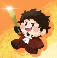 Rule 34 | 1boy, afro, baseball bat, beard, birthday, brown eyes, brown gloves, brown hair, chibi, commentary, cowboy shot, determined, facial hair, gloves, gold necklace, hagino 490, hero&#039;s bat, highres, holding, holding weapon, jacket, jewelry, kasuga ichiban, looking at viewer, male focus, manly, necklace, new year, orange background, pants, red jacket, ryuu ga gotoku (series), ryuu ga gotoku 7, shirt, smile, smirk, standing, symbol-only commentary, twitter username, weapon, white shirt