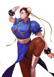 Rule 34 | 1girl, bad id, bad pixiv id, bayashiko, bracelet, breasts, brown hair, bun cover, capcom, china dress, chinese clothes, chun-li, double bun, dress, fighting stance, highres, jewelry, large breasts, nose, pantyhose, pelvic curtain, see-through, see-through legwear, short hair, solo, spiked bracelet, spikes, standing, standing on one leg, street fighter, thick thighs, thighs