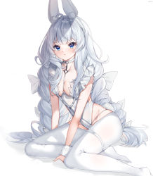 Rule 34 | 1girl, absurdres, animal ear fluff, animal ears, arm support, azur lane, belt, between breasts, blue eyes, blush, bow, braid, breasts, choker, double bun, fake animal ears, feet out of frame, frills, groin, guzangnanfeng, hair bow, hair bun, hair over breasts, highres, le malin (azur lane), le malin (listless lapin) (azur lane), leotard, long hair, looking at viewer, no shoes, o-ring, o-ring choker, official alternate costume, pantyhose, playboy bunny, pout, rabbit ears, simple background, sitting, skindentation, small breasts, solo, thigh strap, twin braids, twintails, very long hair, white background, white bow, white hair, white leotard, white pantyhose, wrist cuffs, yokozuwari