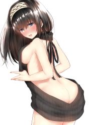 Rule 34 | 10s, 1girl, absurdres, ass, back, backless outfit, bare back, bare shoulders, black hair, black sweater, blue eyes, blush, breasts, butt crack, cowboy shot, d:, embarrassed, from behind, full-face blush, go-1, highres, idolmaster, idolmaster cinderella girls, leaning forward, long hair, looking at viewer, looking back, medium breasts, meme attire, naked sweater, open mouth, raised eyebrows, sagisawa fumika, sideboob, simple background, sleeveless, solo, standing, sweater, turtleneck, turtleneck sweater, virgin killer sweater, white background