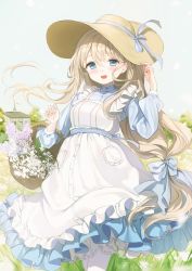 Rule 34 | 1girl, :d, apron, bad id, bad pixiv id, basket, blue bow, blue sky, blush, bow, brown hat, building, commentary request, day, dress, earrings, field, fingernails, flower, frilled apron, frilled dress, frills, grass, green eyes, hair between eyes, hair bow, hand on headwear, hand up, haruri, hat, highres, jewelry, light brown hair, long hair, long sleeves, looking at viewer, low-tied long hair, open mouth, original, outdoors, pantyhose, pink flower, puffy long sleeves, puffy sleeves, signature, sky, smile, solo, standing, sun hat, very long hair, white apron, white flower, white pantyhose