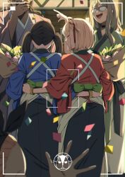 Rule 34 | 1boy, 4girls, absurdres, arm around waist, back bow, battery indicator, black hair, black ribbon, black skirt, blonde hair, blue kimono, blurry, bob cut, bouquet, bow, bracelet, brown hair, closed eyes, commentary request, confetti, covering own mouth, depth of field, flower, glasses, green bow, green kimono, grey kimono, hair ribbon, hairband, highres, holding, holding bouquet, hug, inoue takina, japanese clothes, jewelry, kimono, kurumi (lycoris recoil), long hair, lycoris recoil, lycoris uniform, mika (lycoris recoil), mochi (m0chi0000), multiple girls, nakahara mizuki, nishikigi chisato, obi, one side up, open mouth, pink flower, pointing, red kimono, ribbon, sash, short hair, skirt, smile, teeth, twintails, upper teeth only, viewfinder, wedding, wide sleeves, wife and wife, yuri