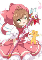 Rule 34 | 1girl, :d, antenna hair, bow, brown hair, cardcaptor sakura, commentary request, dress, feathers, gloves, green eyes, hair intakes, hat, highres, holding, holding wand, kero (cardcaptor sakura), kinomoto sakura, looking at viewer, massala, open mouth, petals, pink dress, pink feathers, pink hat, pleated dress, puffy short sleeves, puffy sleeves, red bow, shirt, short sleeves, simple background, sleeveless, sleeveless dress, smile, wand, white background, white gloves, white shirt