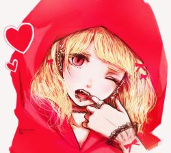 Rule 34 | 1girl, blonde hair, bow, ear piercing, eyelashes, finger in own mouth, grimm&#039;s fairy tales, heart, hood, jewelry, little red riding hood, little red riding hood (grimm), mouth pull, nail polish, nyarotyn, one eye closed, open mouth, piercing, pink eyes, portrait, ring, solo, tongue piercing, watermark