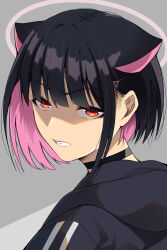Rule 34 | 1girl, angry, animal ears, black hair, blue archive, cat ears, choker, colored inner hair, extra ears, hair ornament, hairclip, highres, kazusa (blue archive), looking at viewer, multicolored hair, pink hair, red eyes, shirt, shunga (shun608), sidelocks, solo, upper body