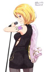 Rule 34 | 1girl, ass, back-seamed legwear, black dress, black pantyhose, blonde hair, breasts, character name, cowboy shot, dress, echizen murasaki, flower tattoo, from behind, hair between eyes, holding, holding microphone, jacket, jacket on shoulders, kichihachi, looking at viewer, looking back, medium breasts, microphone, microphone stand, multicolored hair, pantyhose, parted lips, profile, seamed legwear, short dress, short hair, shoulder tattoo, simple background, smile, solo, streaked hair, tattoo, thighs, tight clothes, tight dress, tokyo 7th sisters, twitter username, two-tone hair, white background