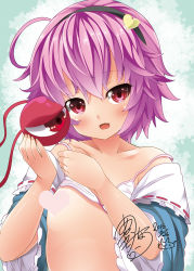 1girl ayakase_riberi bare_shoulders blush bra bra_lift censored censored_nipples dated eyeball fang female_focus flat_chest hairband head_tilt heart heart_censor komeiji_satori long_sleeves looking_at_viewer no_bra off_shoulder open_clothes open_mouth open_shirt purple_hair red_eyes shirt short_hair signature smile solo string third_eye touhou underwear upper_body wide_sleeves