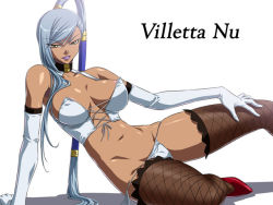 Rule 34 | 00s, 1girl, areola slip, arm support, bare shoulders, breasts, breasts apart, brown thighhighs, bustier, cameltoe, character name, cleavage, cleavage cutout, clothing cutout, code geass, come hither, covered erect nipples, cross-laced clothes, dark-skinned female, dark skin, elbow gloves, fishnet thighhighs, fishnets, front-tie top, gloves, grin, groin, hair tubes, halterneck, hand on thigh, high heels, high ponytail, kagami hirotaka, large breasts, light areolae, lipstick, long hair, looking at viewer, lowleg, lowleg panties, lying, makeup, naughty face, navel, panties, ponytail, purple lips, reclining, seductive smile, shadow, shoes, side-tie panties, sideboob, sidelocks, silver hair, simple background, smile, solo, swept bangs, thighhighs, turtleneck, underwear, underwear only, very long hair, villetta nu, white background, white gloves, white panties, wide hips, yellow eyes