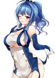 Rule 34 | 1girl, ;p, ahoge, artist name, azur lane, bare shoulders, blue hair, breasts, buttons, cleavage, clothing cutout, commentary, cowboy shot, double-breasted, elbow gloves, gloves, halterneck, large breasts, medium hair, one eye closed, ponytail, purple eyes, ry thae, signature, simple background, sleeveless, solo, st. louis (azur lane), tongue, tongue out, underboob, underboob cutout, white background