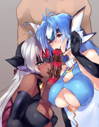 Rule 34 | 00s, 1boy, 2girls, adjusting hair, bare shoulders, blue eyes, blue hair, blush, breasts, censored, chocolate, chocolate on body, chocolate on penis, cleavage, cleavage cutout, clothed female nude male, clothing cutout, collar, collarbone, cooperative fellatio, covered erect nipples, dark skin, elbow gloves, erection, fellatio, gloves, heart, heart censor, huge breasts, kos-mos, light purple hair, long hair, looking down, looking to the side, md5 mismatch, multiple girls, negresco, nude, one eye closed, oral, pale skin, penis, red eyes, t-elos, testicles, underboob, xenosaga, xenosaga episode iii