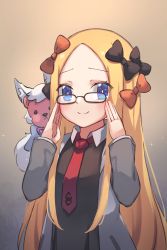 Rule 34 | 1girl, abigail williams (fate), black bow, black dress, blonde hair, blue eyes, blush, bow, breasts, closed mouth, cosplay, dress, fate/grand order, fate (series), forehead, fou (fate), fou (fate) (cosplay), glasses, hair bow, highres, jacket, long hair, long sleeves, looking at viewer, mash kyrielight, mash kyrielight (cosplay), miya (miyaruta), multiple bows, necktie, open clothes, open jacket, orange bow, parted bangs, sidelocks, small breasts, smile, stuffed animal, stuffed toy, teddy bear