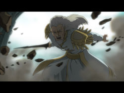 Rule 34 | anime coloring, beard, demon&#039;s souls, facial hair, fighting stance, gotokukai, letterboxed, male focus, old king allant, solo, sword, weapon, white hair