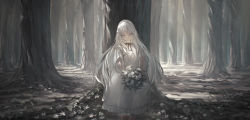 Rule 34 | 1girl, absurdres, bouquet, dress, flower, forest, frills, grey eyes, highres, holding, holding flower, leaf, long hair, looking at viewer, nature, original, outdoors, scenery, short sleeves, tree, white dress, white hair, yuzu oshigoto boshu-chu