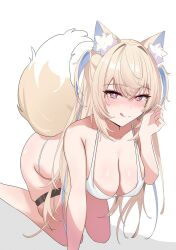 1girl all_fours animal_ear_fluff animal_ears bare_shoulders blonde_hair blue_hair blush bra breasts cleavage dog_ears dog_girl dog_tail fuwawa_abyssgard highres hololive hololive_english large_breasts long_hair panties pink_eyes sasaki_ikuya solo tail tongue tongue_out two_side_up underwear virtual_youtuber white_bra white_panties