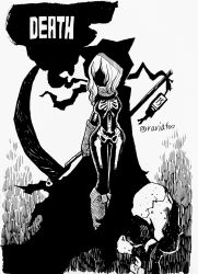 Rule 34 | 1girl, absurdres, cape, commentary, dark, death (entity), english commentary, facing viewer, gloves, greyscale, hair over face, highres, holding, holding weapon, hood, hood up, hooded cape, horror (theme), ink (medium), inktober, monochrome, original, rariatto (ganguri), scythe, skeleton, skull, solo, traditional media, twitter username, weapon