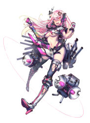 Rule 34 | 1girl, alaska (warship girls r), amplifier, anger vein, angry, bare shoulders, breasts, clenched hand, guitar, gun, headset, high heels, instrument, long hair, mecha musume, medium breasts, megaphone, middle finger, midriff, ns (ntrsis), official art, open mouth, personification, pink hair, red eyes, solo, speaker, thighhighs, torn clothes, torn thighhighs, underboob, warship girls r, weapon