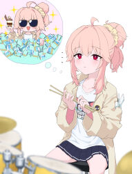 Rule 34 | 1girl, ahoge, black skirt, blue archive, blush, chair, closed mouth, collarbone, drum, drumsticks, hair between eyes, highres, holding, holding drumsticks, imagining, instrument, jacket, kisamu (ksmz), long hair, multiple views, natsu (band) (blue archive), natsu (blue archive), official alternate costume, open clothes, open jacket, pink hair, pleated skirt, red eyes, shirt, simple background, sitting, skirt, white background, white shirt, yellow jacket
