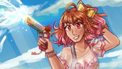 Rule 34 | 1girl, antenna hair, artist name, artist request, bare shoulders, bikini, bikini under clothes, blue sky, blush, bow, bracelet, breasts, cleavage, cloud, collarbone, day, earrings, female focus, food-themed hair ornament, hair bow, hair ornament, hairclip, halterneck, holding, holding water gun, jewelry, kyuruyo, looking at viewer, love live!, love live! school idol festival, love live! school idol festival all stars, love live! sunshine!!, medium breasts, medium hair, nail polish, off-shoulder shirt, off shoulder, orange hair, orange hair ornament, outdoors, pants, parted bangs, parted lips, polka dot, polka dot bow, red eyes, ribbon, see-through, see-through skirt, see-through sleeves, shirt, short hair, short sleeves, skirt, sky, smile, solo, strap slip, striped bikini, striped bow, striped clothes, striped pants, striped tank top, suspenders, suspenders hanging, swimsuit, takami chika, tank top, thighlet, triangle hair ornament, two-tone bikini, vertical stripes, water, water gun, wrist bow, yellow bow, yellow ribbon