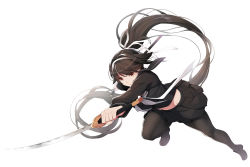 Rule 34 | 1girl, absurdly long hair, azur lane, black footwear, black hair, black pantyhose, black sailor collar, black serafuku, black shirt, black skirt, closed mouth, commentary request, dual wielding, full body, hair intakes, hair ribbon, holding, holding sword, holding weapon, katana, koflif, loafers, long hair, long sleeves, outstretched arm, pantyhose, pleated skirt, ponytail, red eyes, ribbon, sailor collar, school uniform, serafuku, shirt, shoes, simple background, skirt, solo, sword, takao (azur lane), takao (school romanza) (azur lane), v-shaped eyebrows, very long hair, weapon, white background, white ribbon